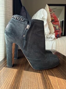 CHANEL Black Suede Chain-Trim Ankle Booties